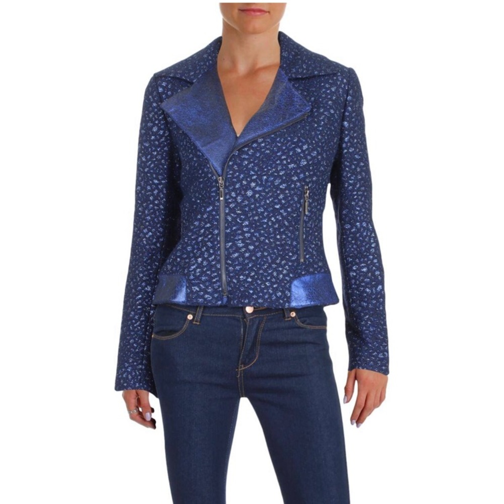 Elie Tahari blue leather asymmetrical jacket tweed fabric